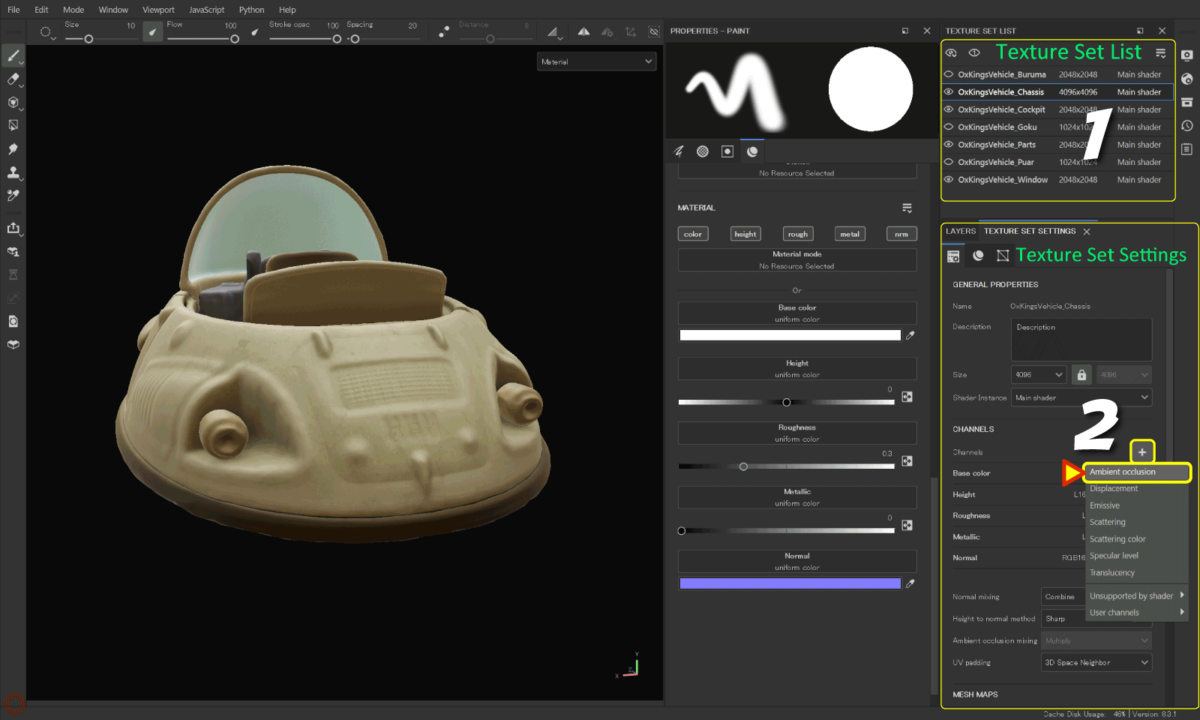 [ Substance 3D Painter ] Hard surface 素材を使用したノーマルに AO（陰影）をつける方法 Plamophy